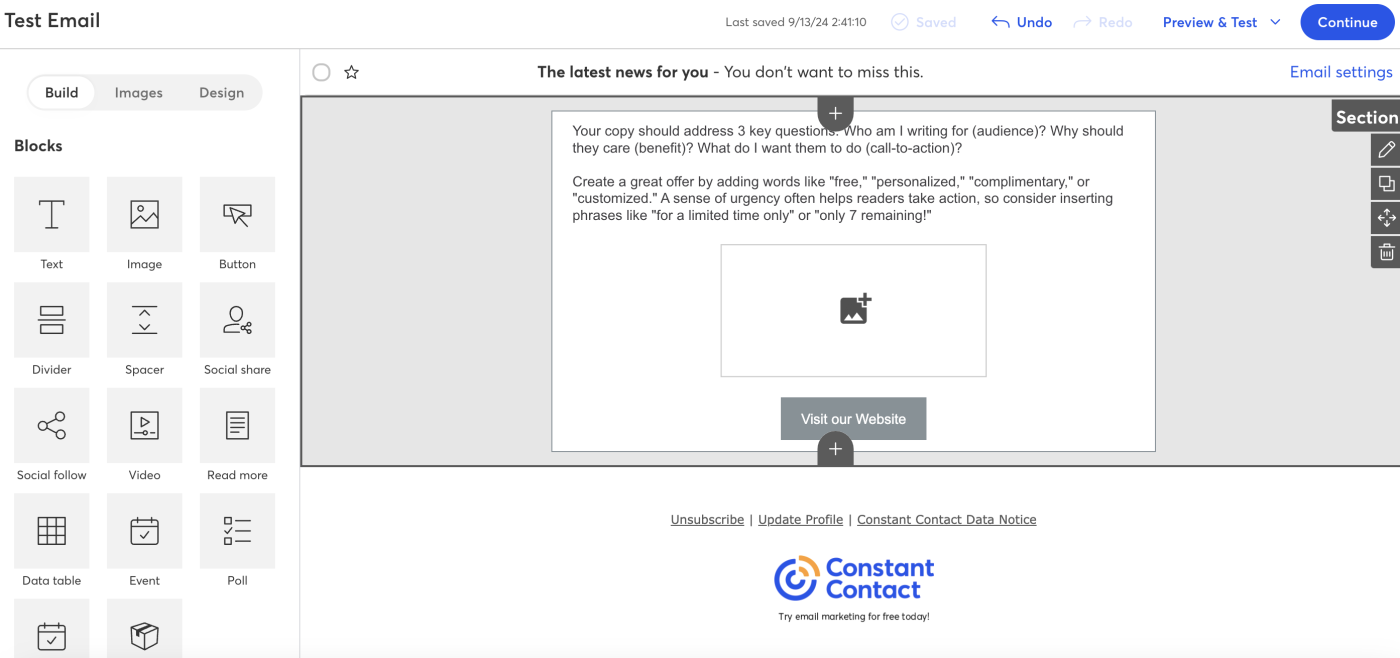 Screenshot of Constant Contact's drag-and-drop email builder