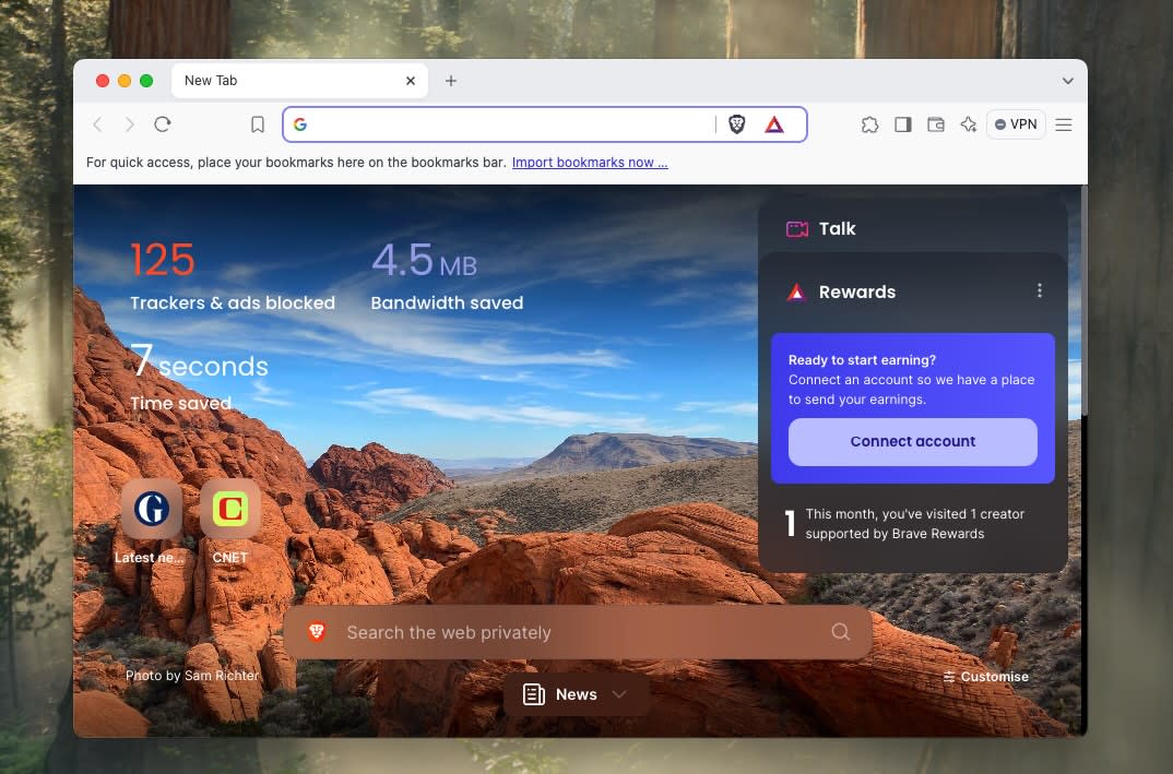 Brave, our pick for the best web browser for ad-free browsing