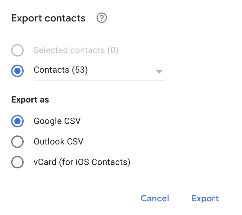 Exporte contactos de Google como un archivo CSV de Google.