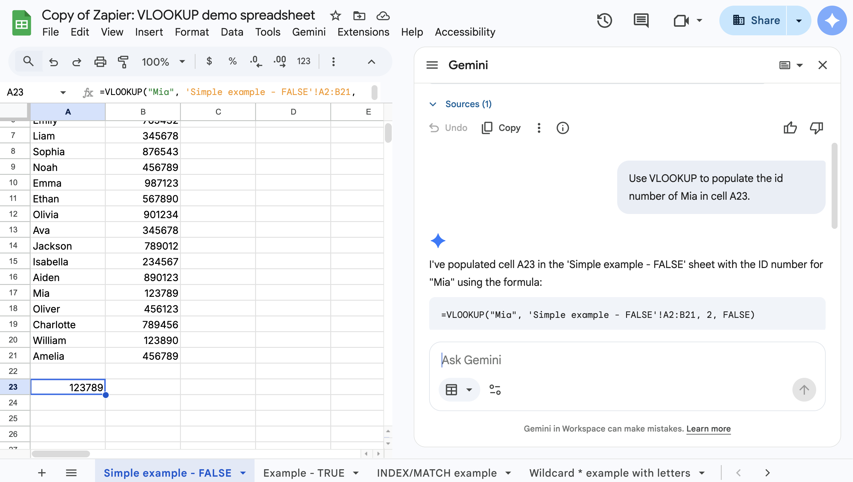 Conversation with Gemini in Google Sheets demonstrating how to use Gemini to populate a VLOOKUP formula in Google Sheets. 