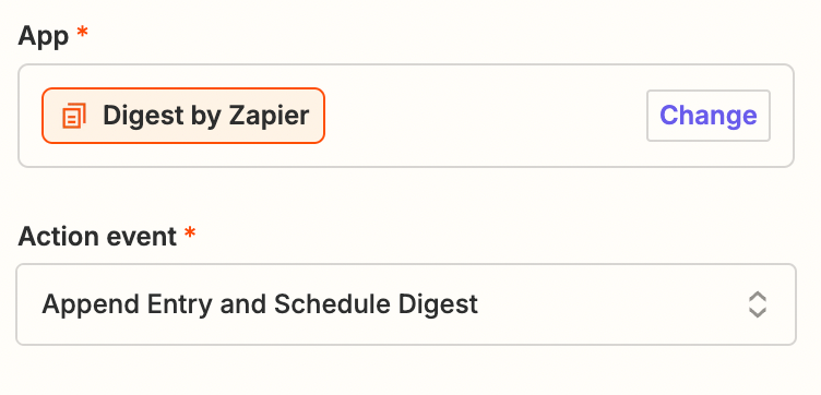 Screenshot of digest by zapier app and event