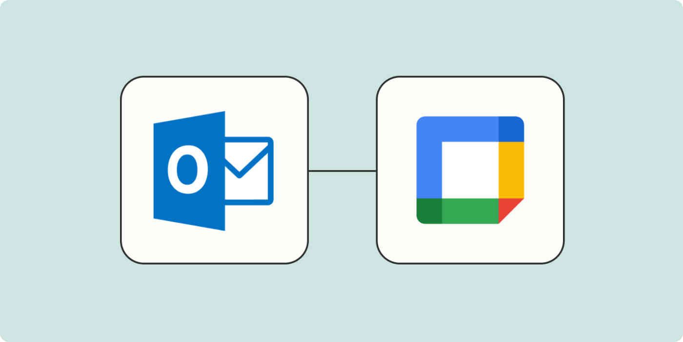 A hero image of the Microsoft Outlook app logo connected to the Google Calendar app logo on a light blue background.