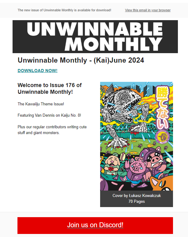 A CTA to join the Discord community on Unwinnable's Twitter announcement of a new issue