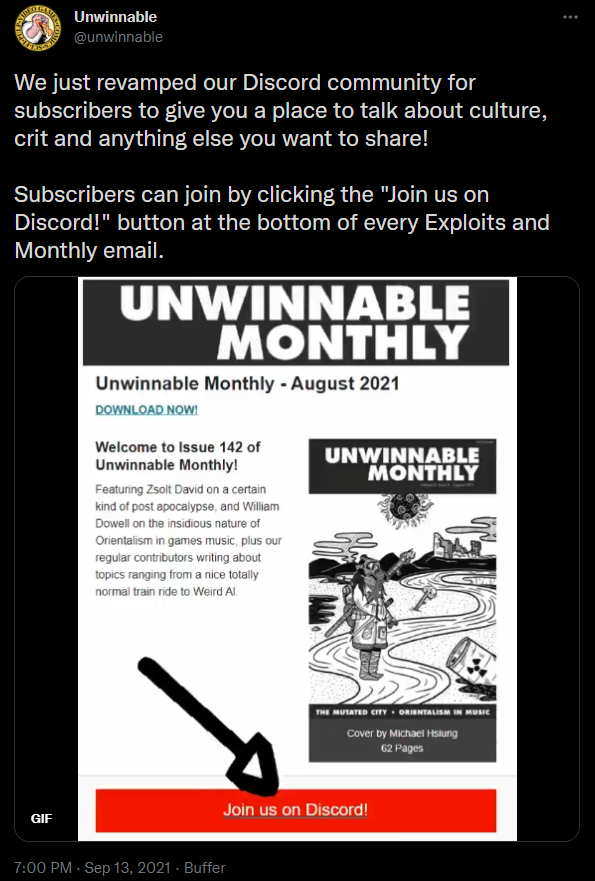 A CTA to join the Discord community on Unwinnable's Twitter announcement of a new issue