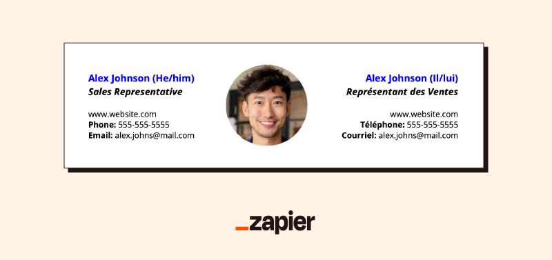 Image of a multilingual email signature example, including a headshot, the person's name, pronouns, title, phone number, email address, and website in English on the left and Spanish on the right