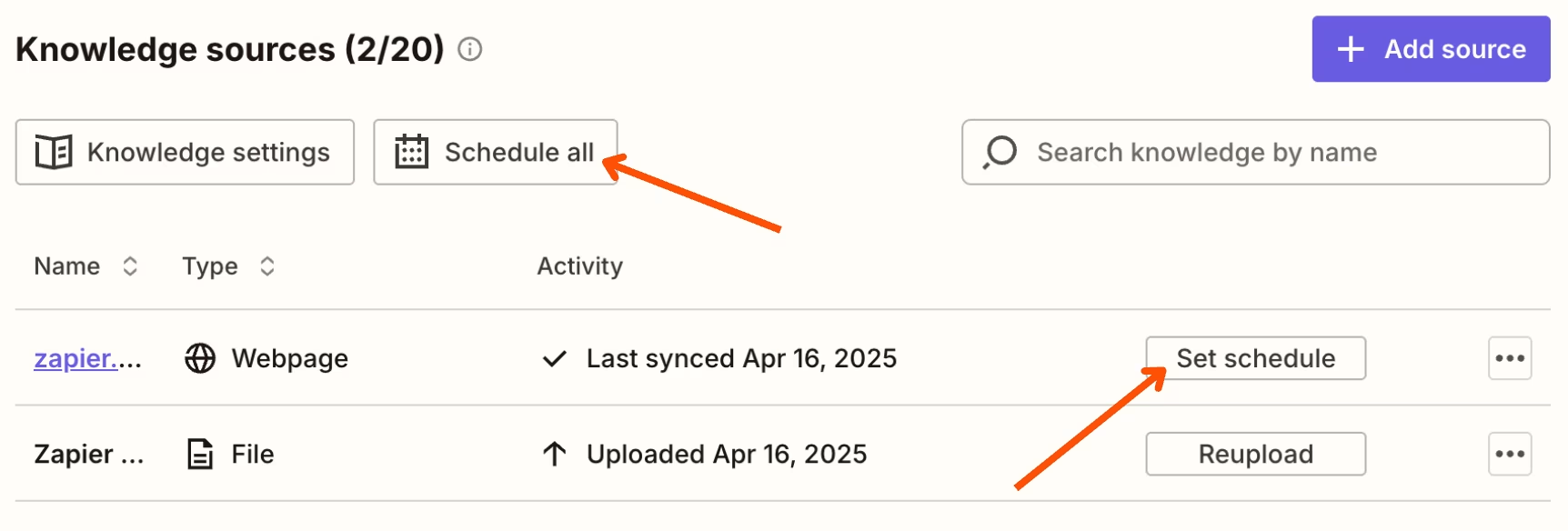 Setting an update schedule for knowledge sources in Zapier's chatbot builder