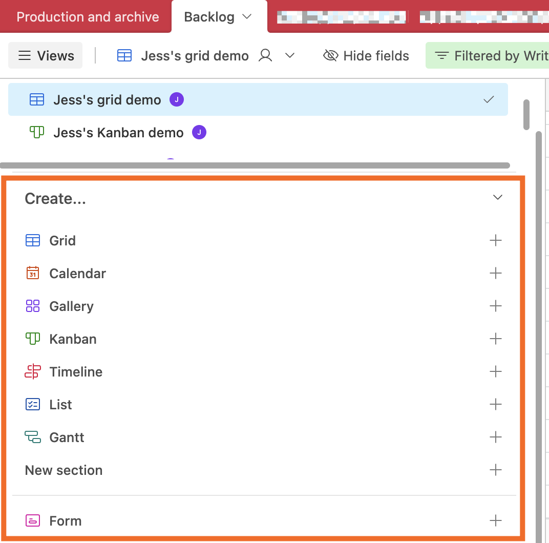 List of Airtable view types in the view pane.