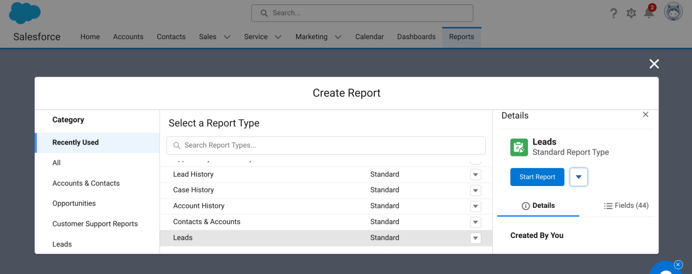 Screenshot of how to create a new report in Salesforce 