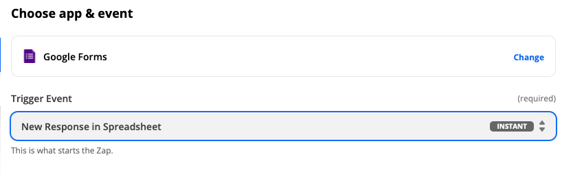 Selecting the Google Forms trigger and trigger event in the Zap editor. 