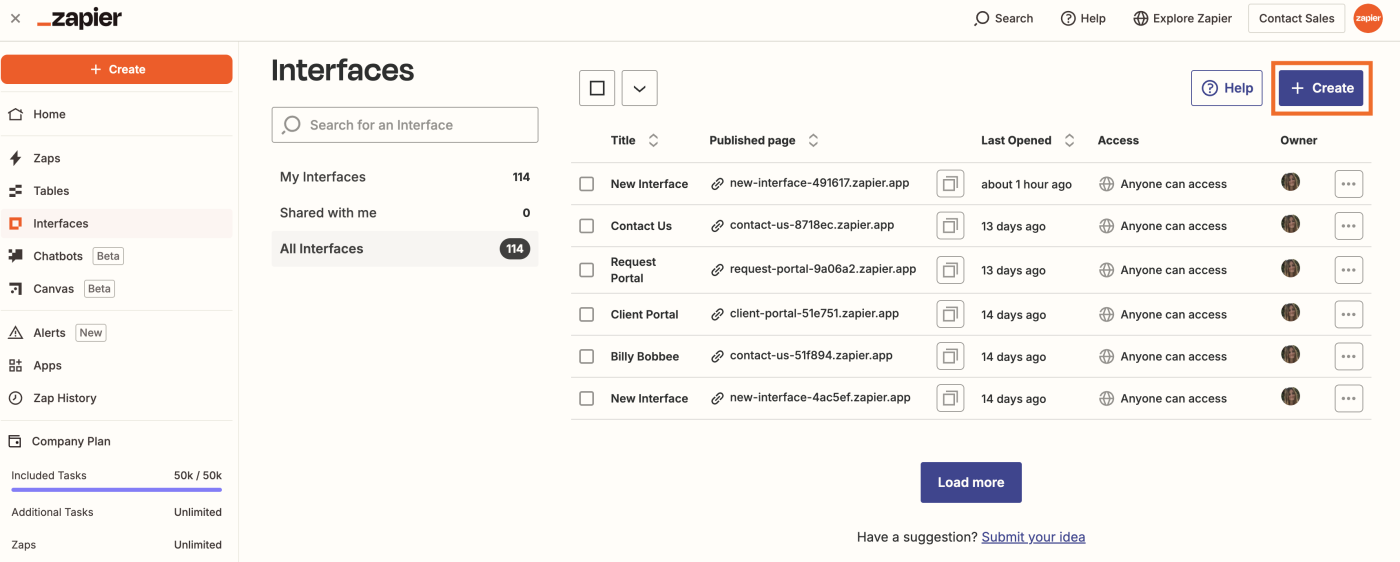 Screenshot of create button in interfaces pages in Zapier