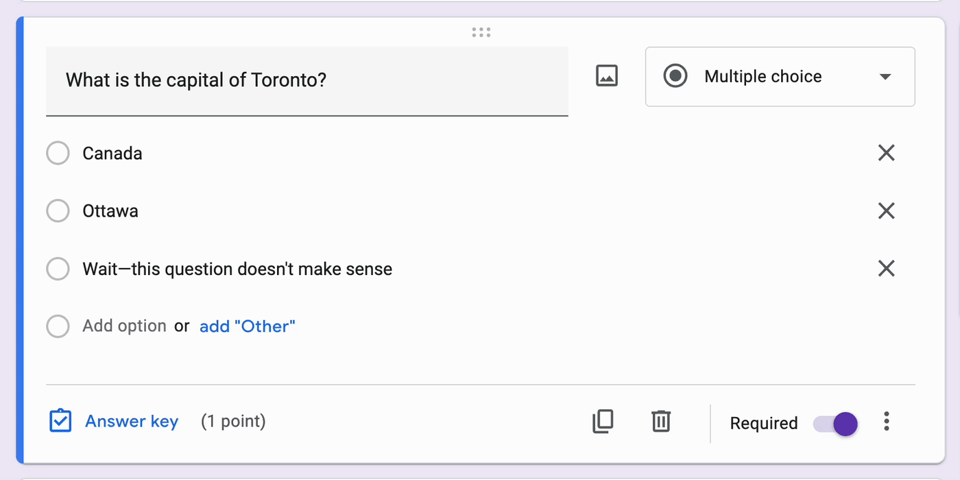 Demo of how to update a question's answer key in Google Forms.