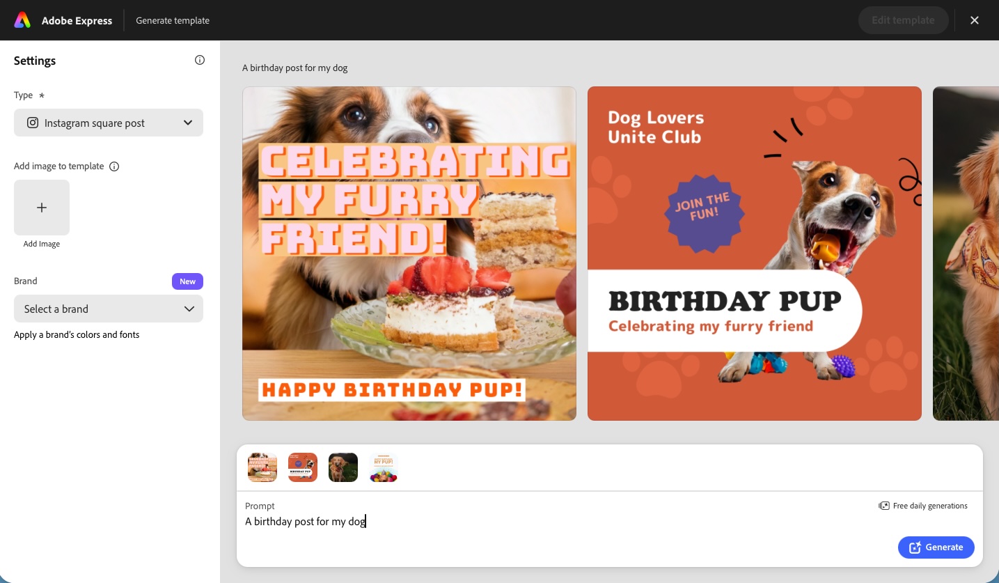 A screenshot of Adobe Creative Cloud Express, our pick for the best free social media design tool for scaling a side hustle