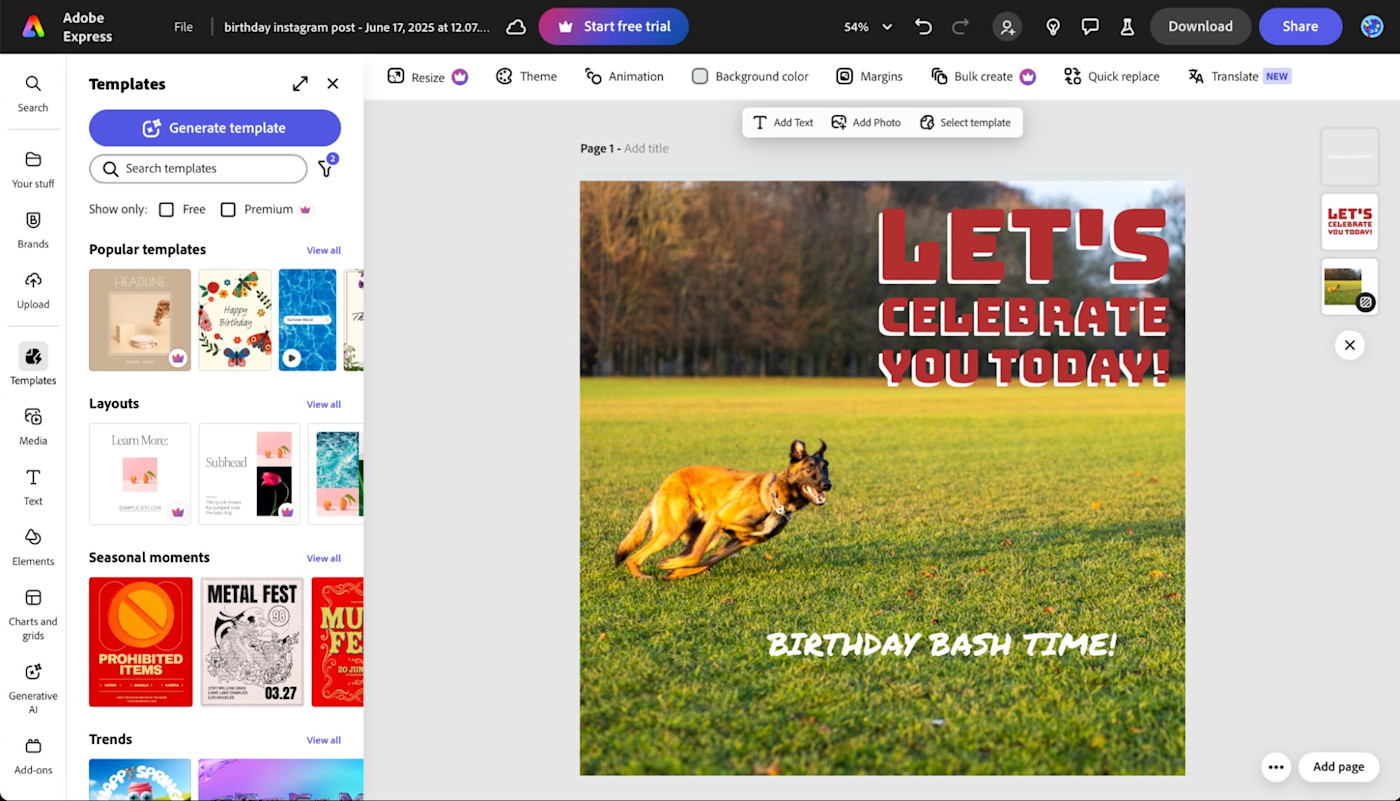 A screenshot of Adobe Creative Cloud Express, our pick for the best free social media design tool for scaling a side hustle