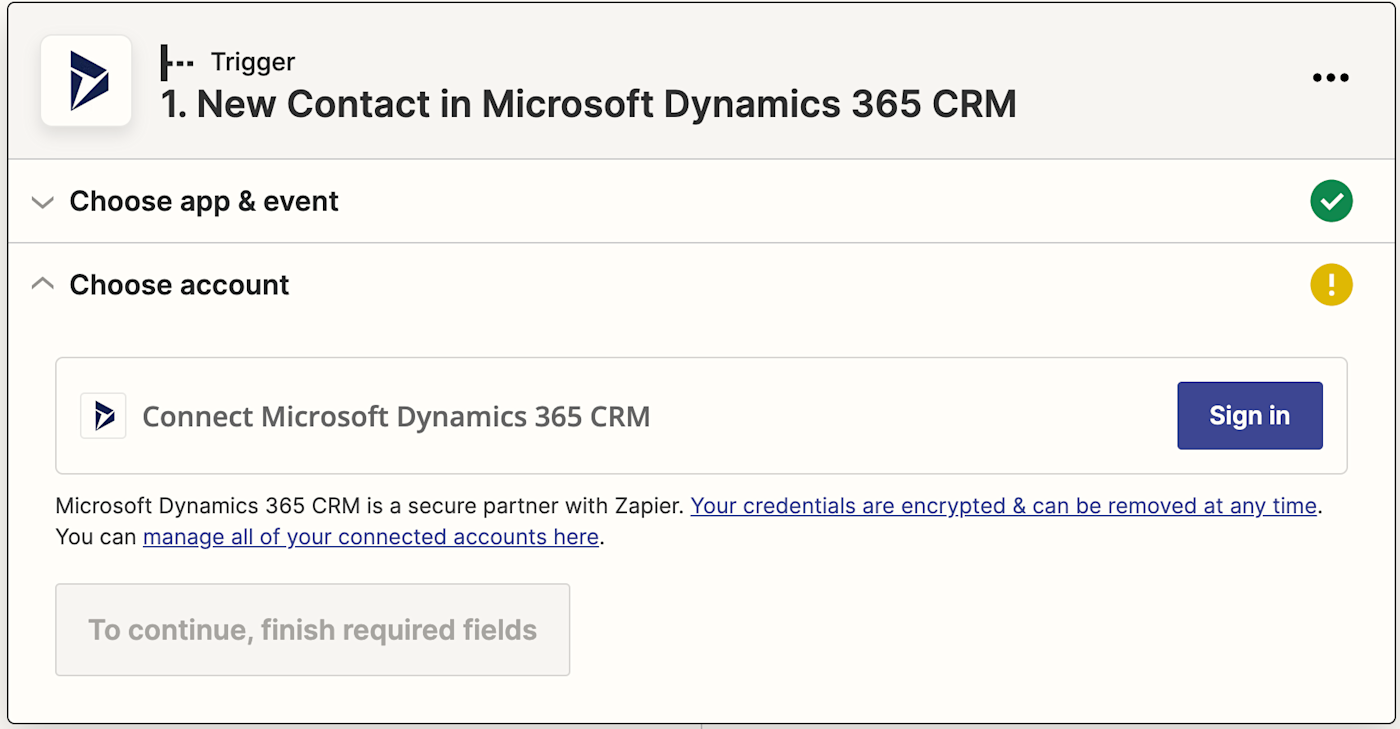 A menu labeled "Choose account" with a Microsoft Dynamics account selected from the dropdown.