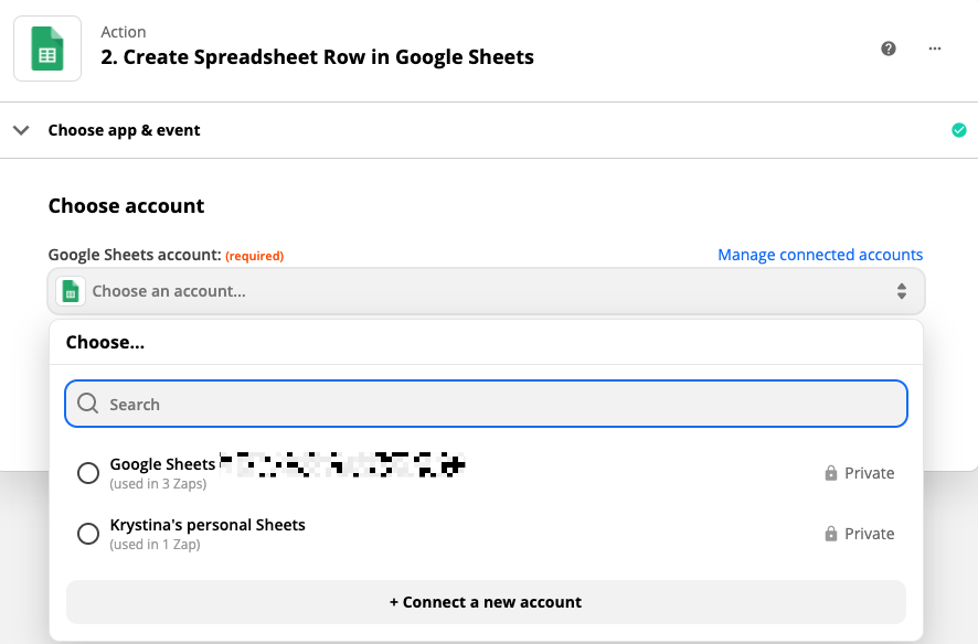 Selecting your Google Sheets account from the dropdown menu in your Zap.