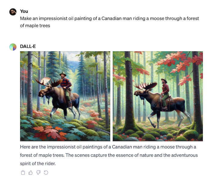 Four images generated by DALL-E 2 of an impressionist oil painting of a Canadian man riding a moose through a forest of maple trees.