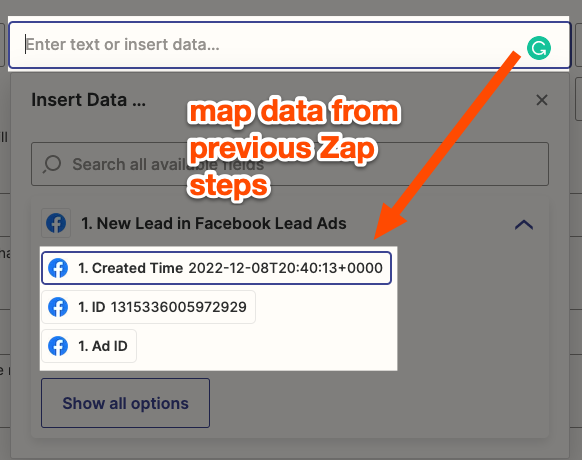An orange arrow points to data in a dropdown menu from the previous Facebook Lead Ads step that you can map to your webhooks step.