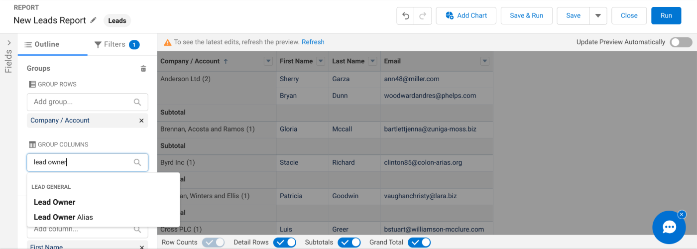 Screenshot of how to group columns by lead owner in Salesforce