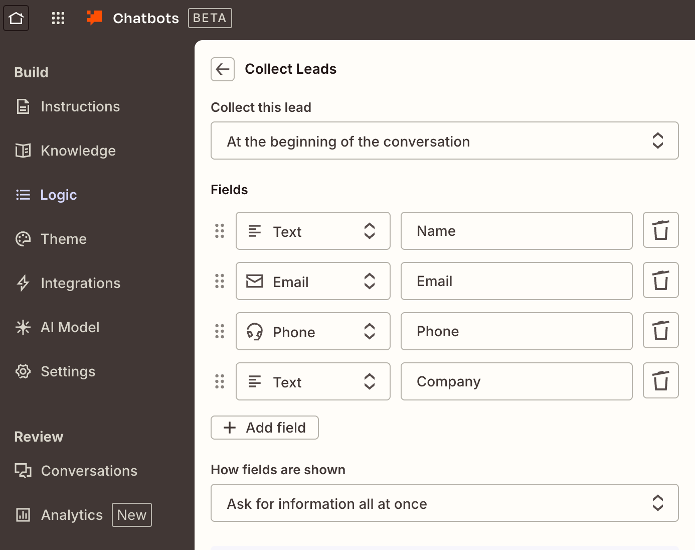 Screenshot of chatbots logic feature