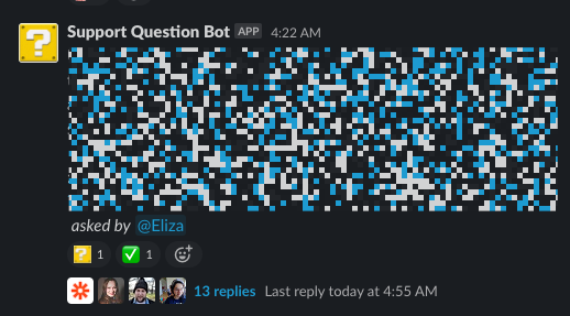 A Slack message marked with a yellow question block and green check mark emoji reactions