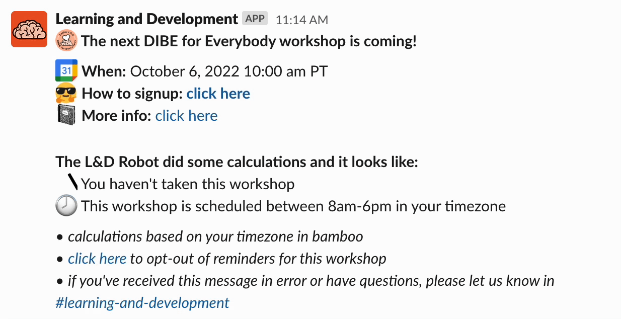 A formatted Slack message with static and animated emoji that announces the next DIBE workshop details