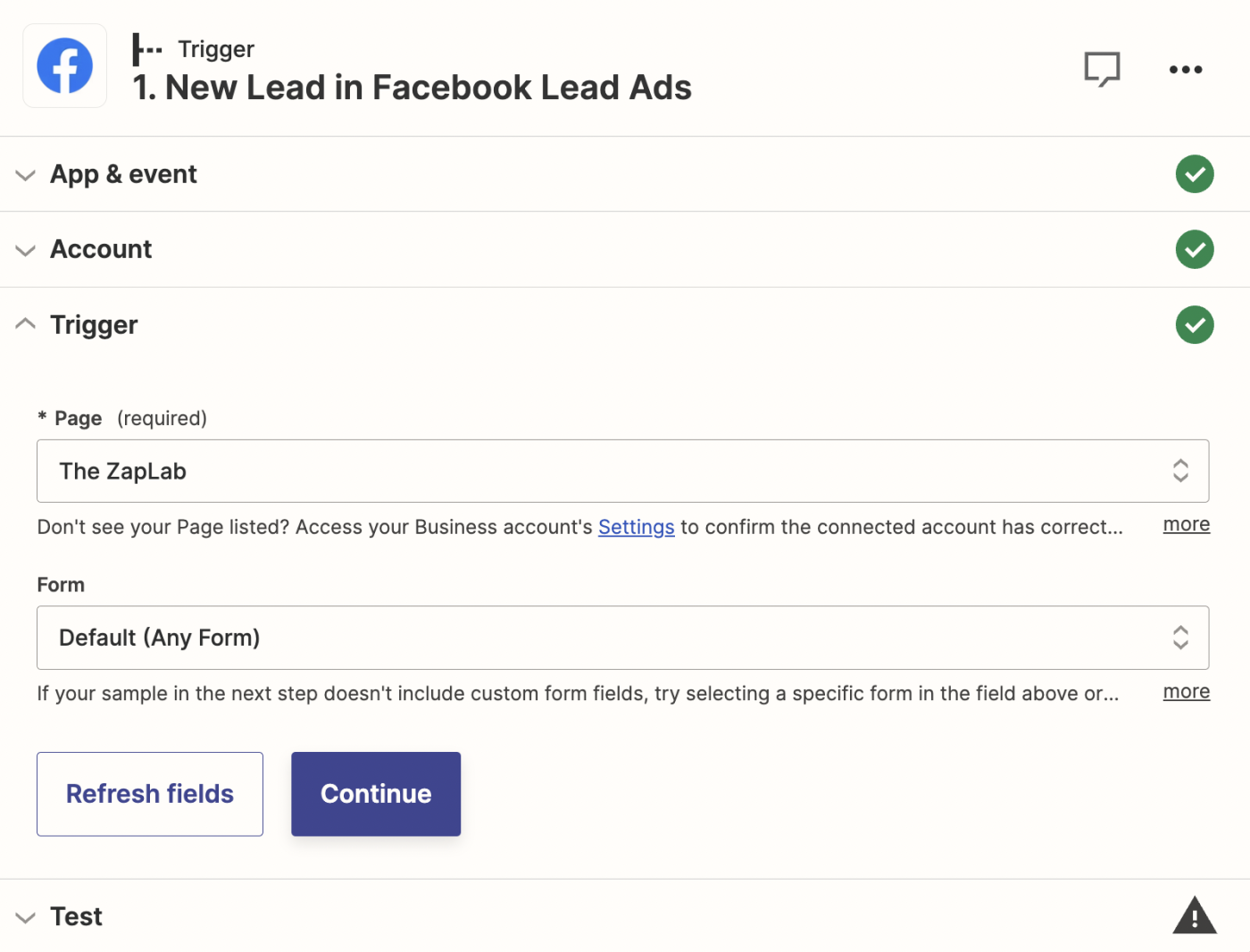 A screenshot of the customization options for a Facebook Lead Ads trigger step in the Zapier editor.