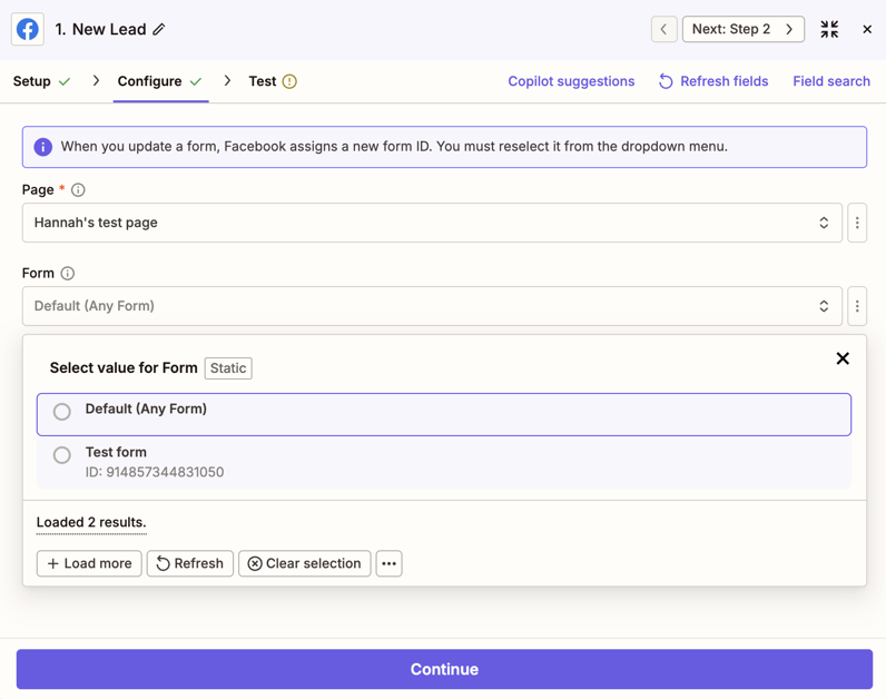 Zapier সম্পাদকে Facebook লিড বিজ্ঞাপন ট্রিগার পদক্ষেপের জন্য কাস্টমাইজেশন বিকল্পগুলির একটি স্ক্রিনশট৷