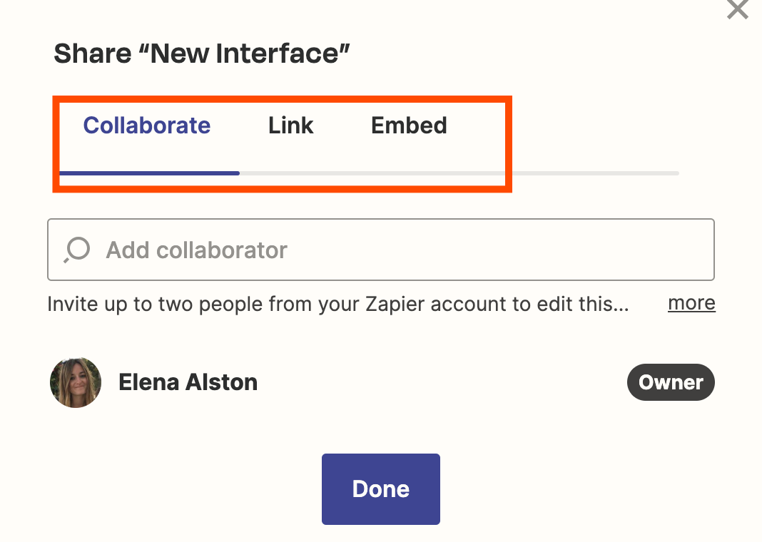 An orange box around the Collaborate, Link, and Embed tabs.