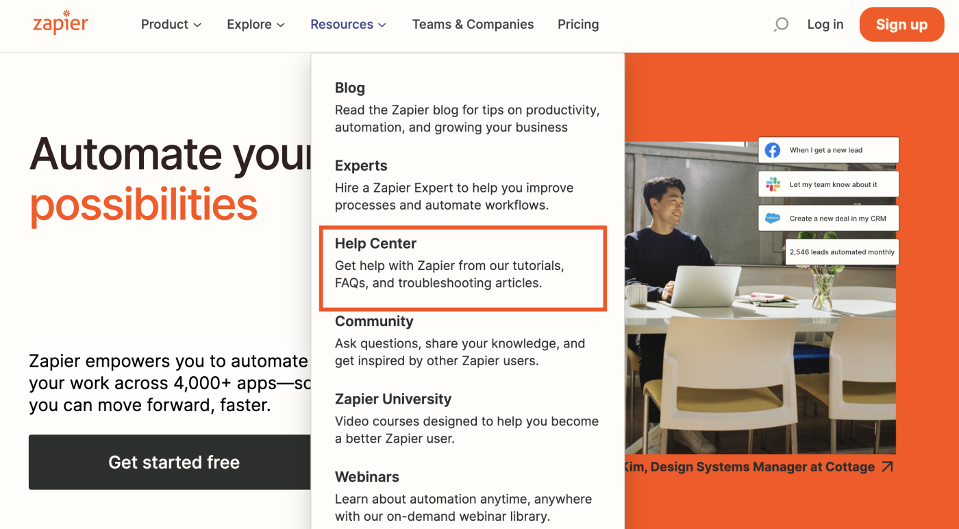 The help center featured in the Resources dropdown menu of the Zapier site