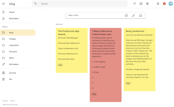 tri dans Google Keep