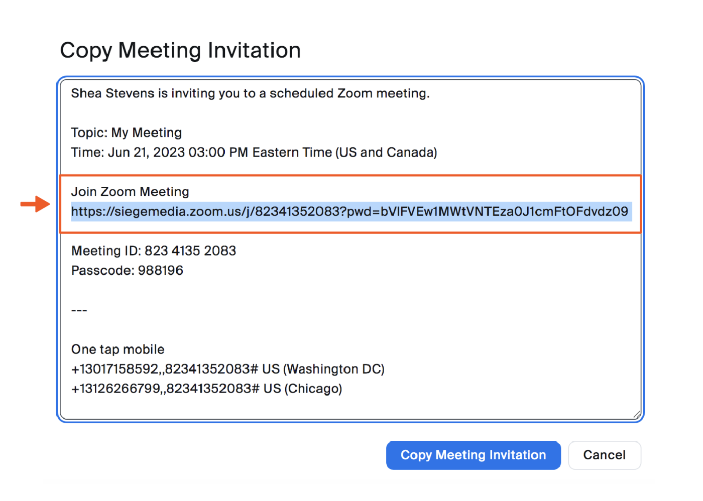 Screenshot of the Zoom web version with an arrow pointing to the ink under "Join Zoom Meeting." 