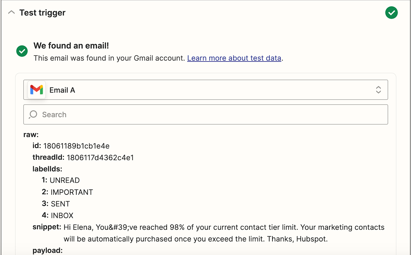 A successful test page that shows a green checkmark with the text "We found an email!" with info about the trigger step listed underneath it.