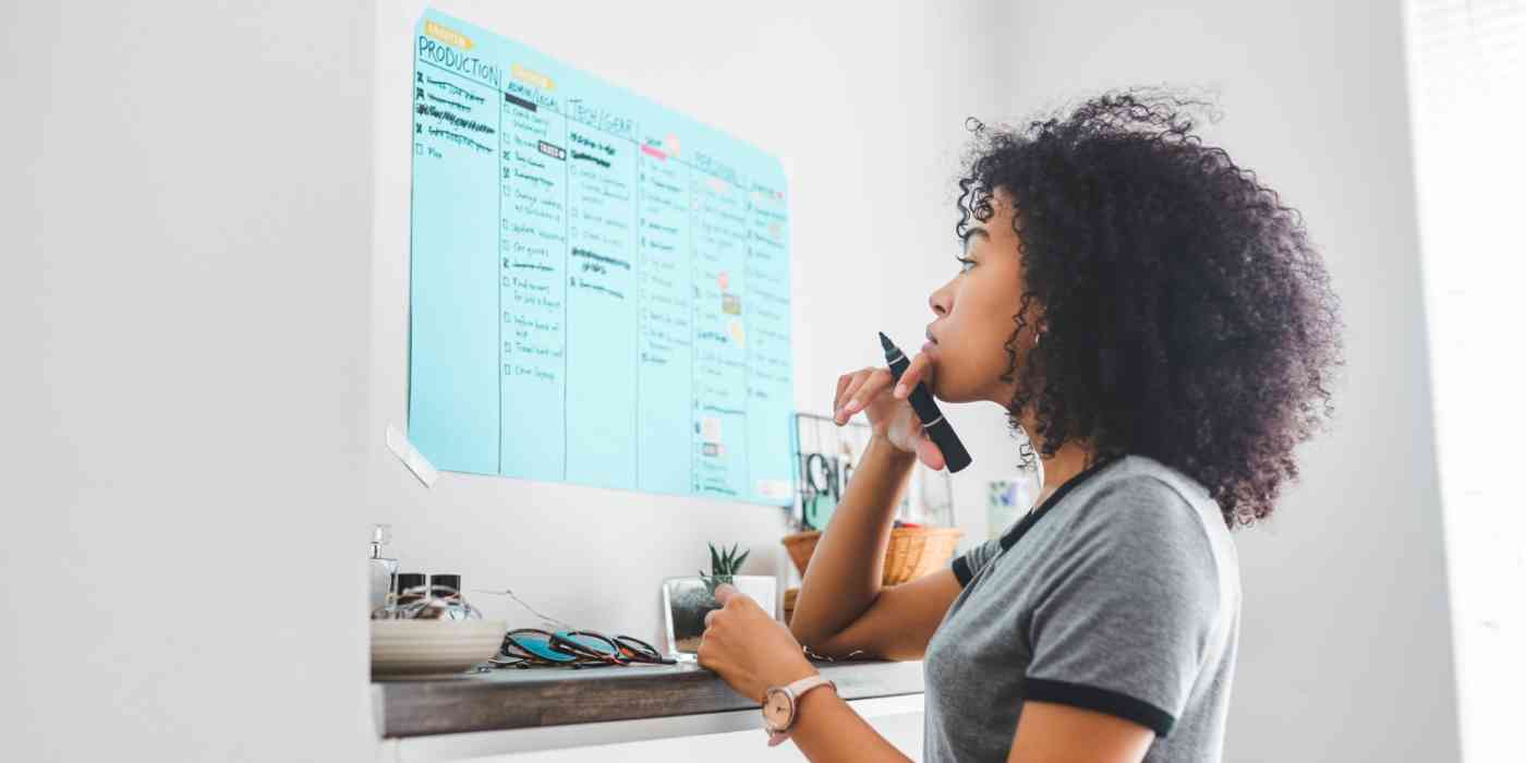 Hero image of a woman looking at a Kanban list posted on a wall, with a marker in her hand