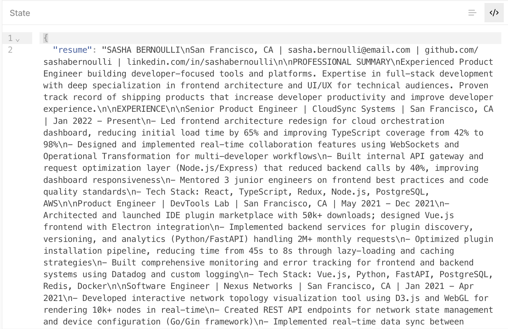 The example CV to be added as the state