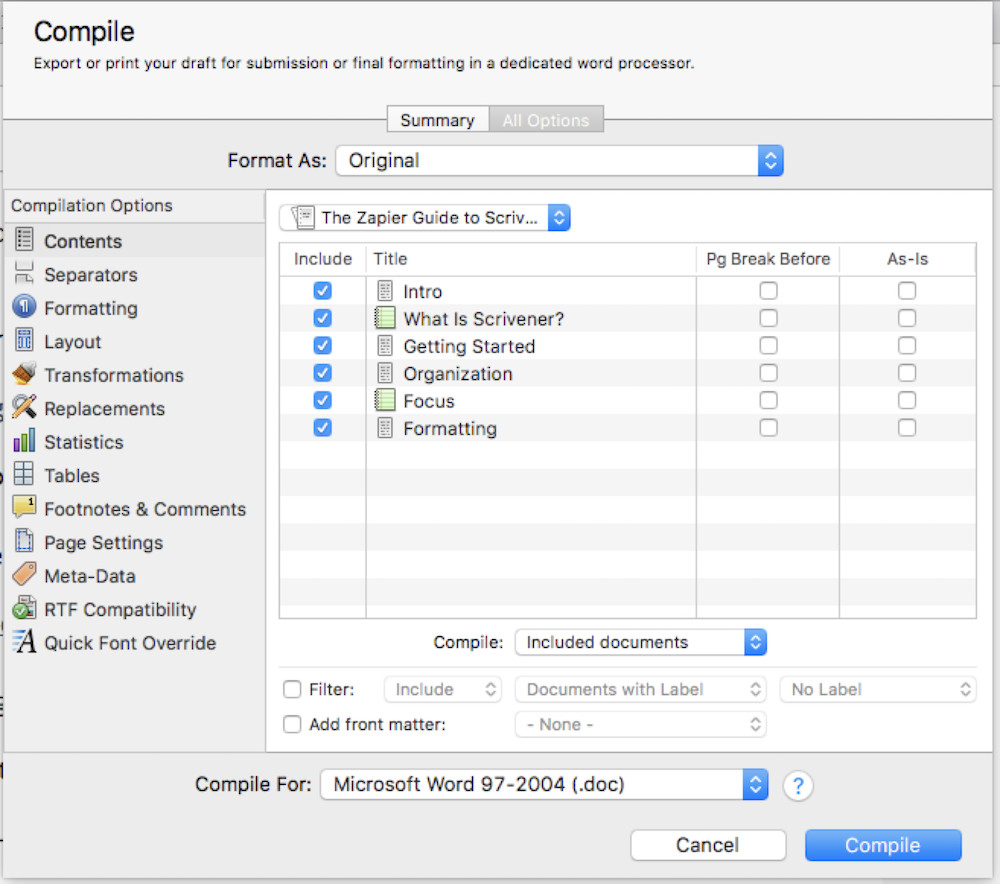 scrivener compile formatting