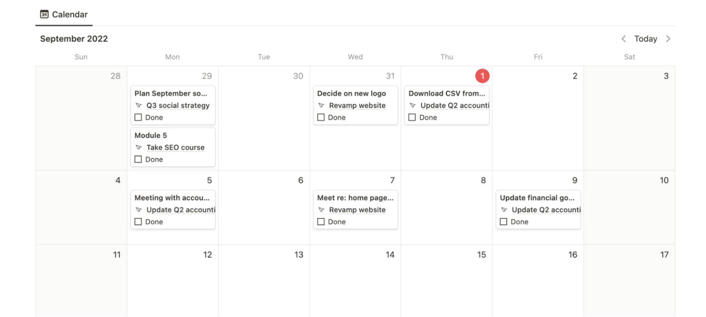 Calendar view in the Notion business goals template