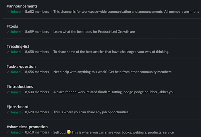 Screenshot of the channels from the Product-Led Growth Communities Slack