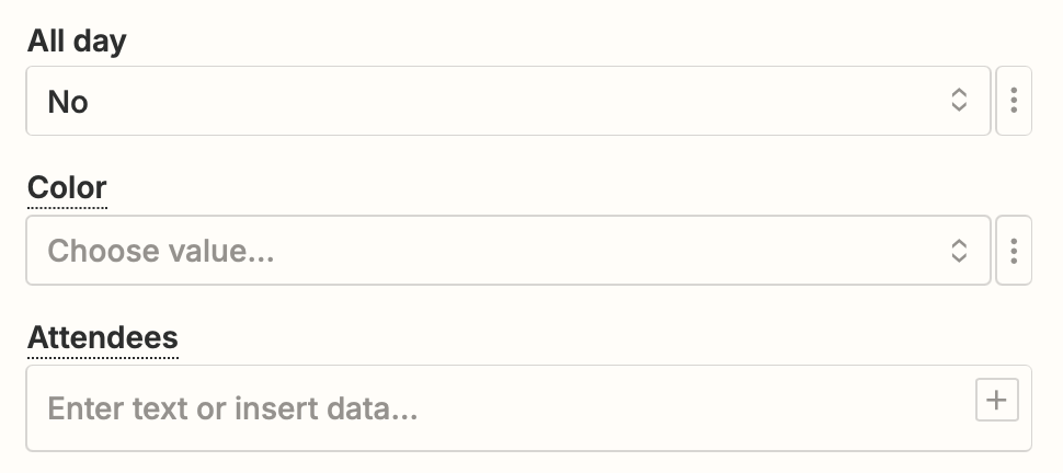 Calendar fields in the Zap editor to select length of meeting, event color, and attendees.