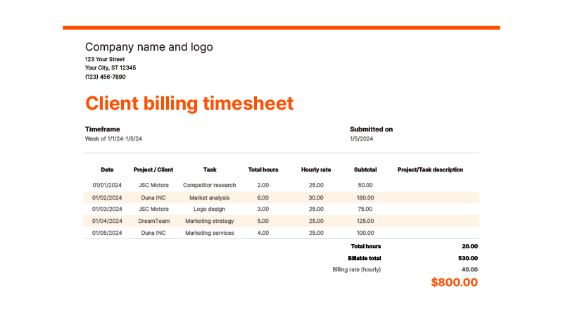 Screenshot of Zapier's client billing timesheet template showing how to bill clients for hours worked in a week