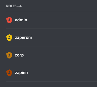 A screenshot of Discord's role settings. Four roles in various colors are listed: admin, Zaperoni, Zorp, and Zapien. 