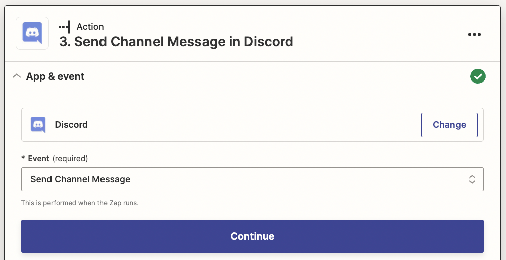 An action step in the Zap editor with Discord selected for the action app and Send Channel Message selected for the action event.