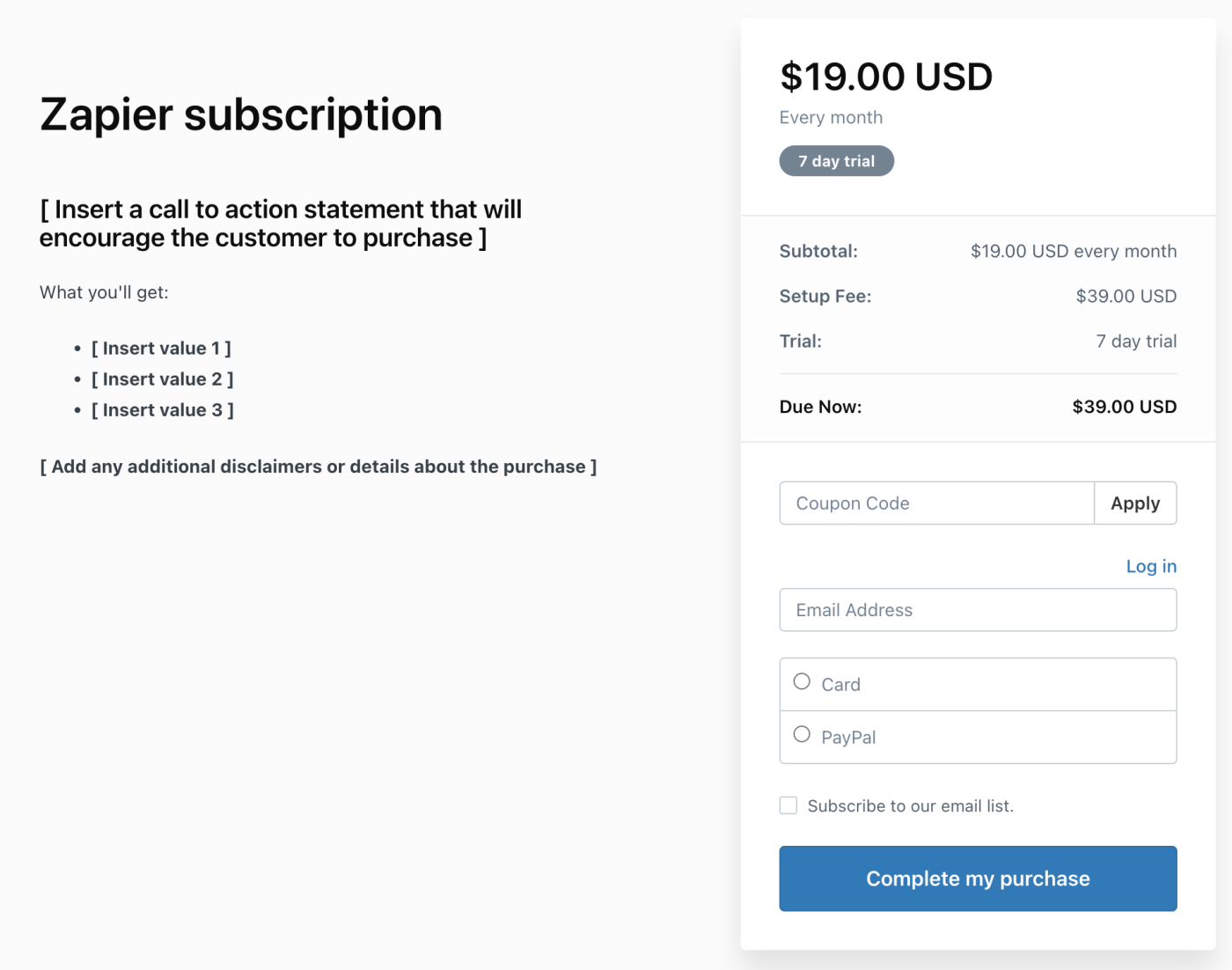 A checkout page showing a setup fee on Kajabi