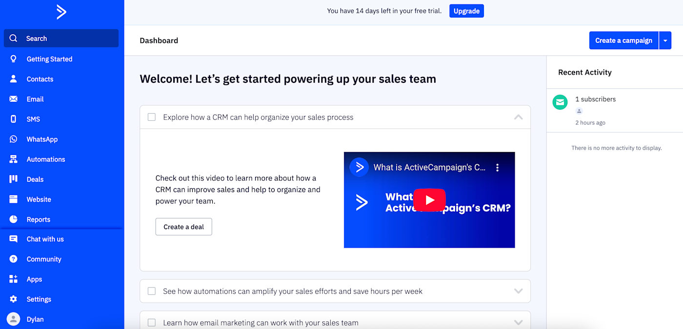 Screenshot of ActiveCampaign dashboard homepage with embedded video
