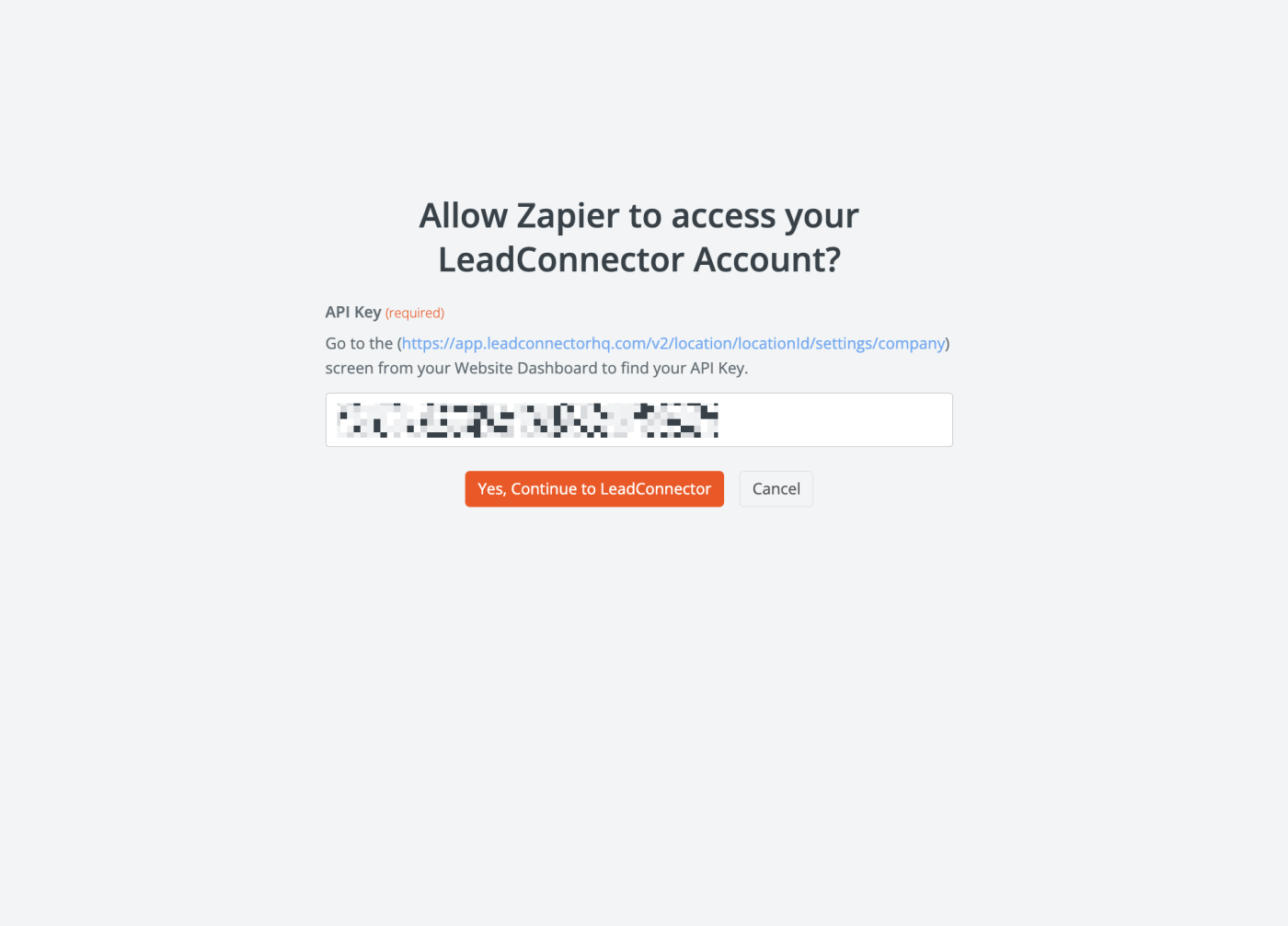 A screenshot of the login screen to connect LeadConnector to Zapier.