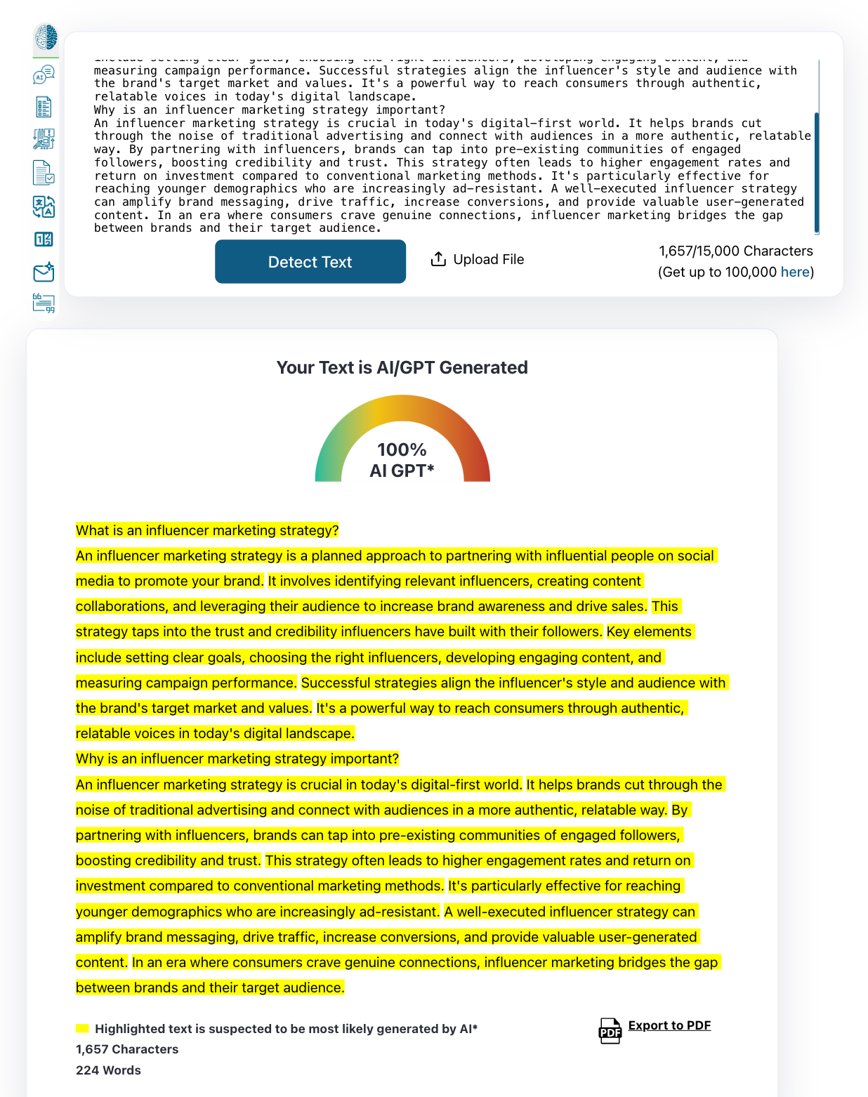 Result from ZeroGPT to a badly-written, AI-generated piece of content. 