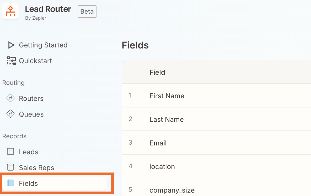 The Fields tab in the Lead Router dashboard