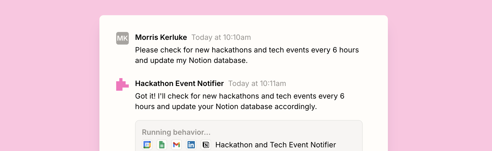 A conversation with an AI agent built on Zapier Agents about checking for events and updating Notion accordingly