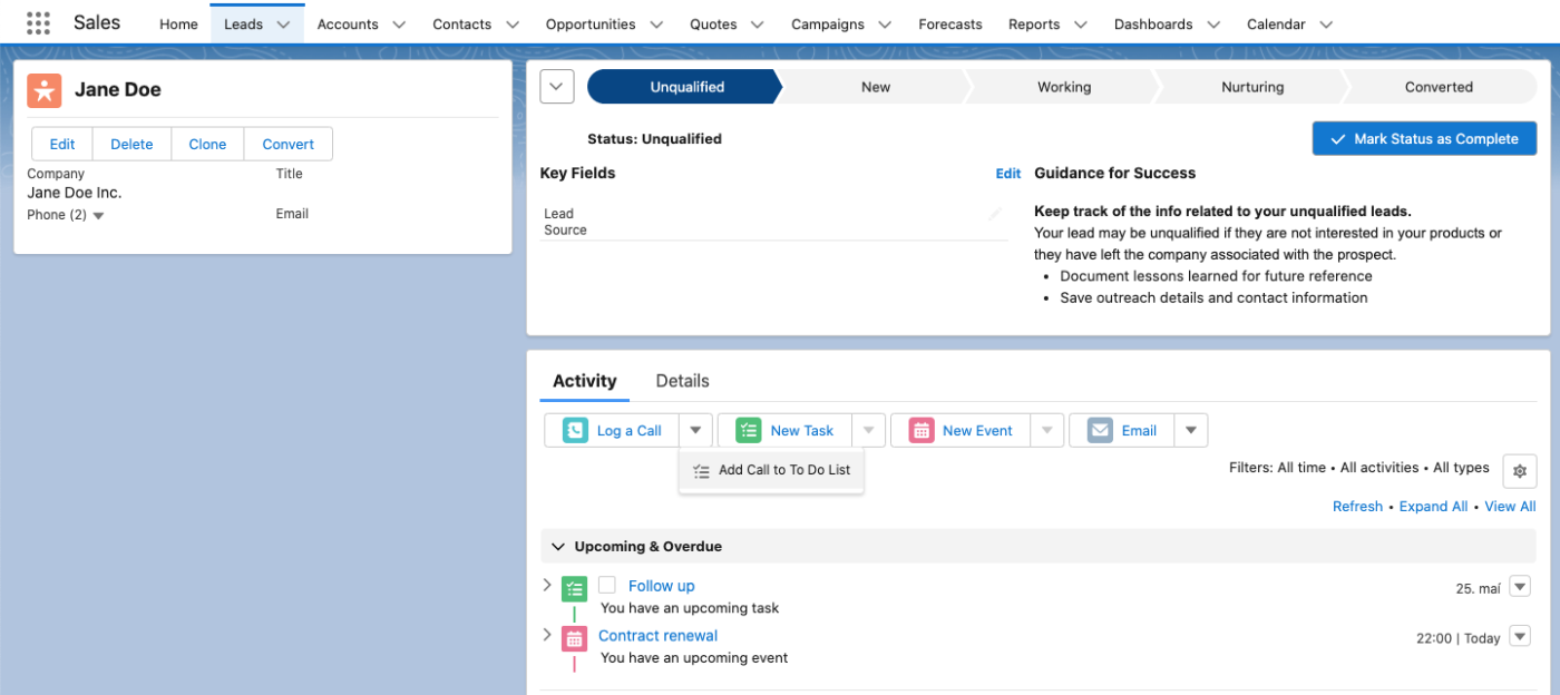 Screenshot of the author showing a lead's dashboard in Salesforce