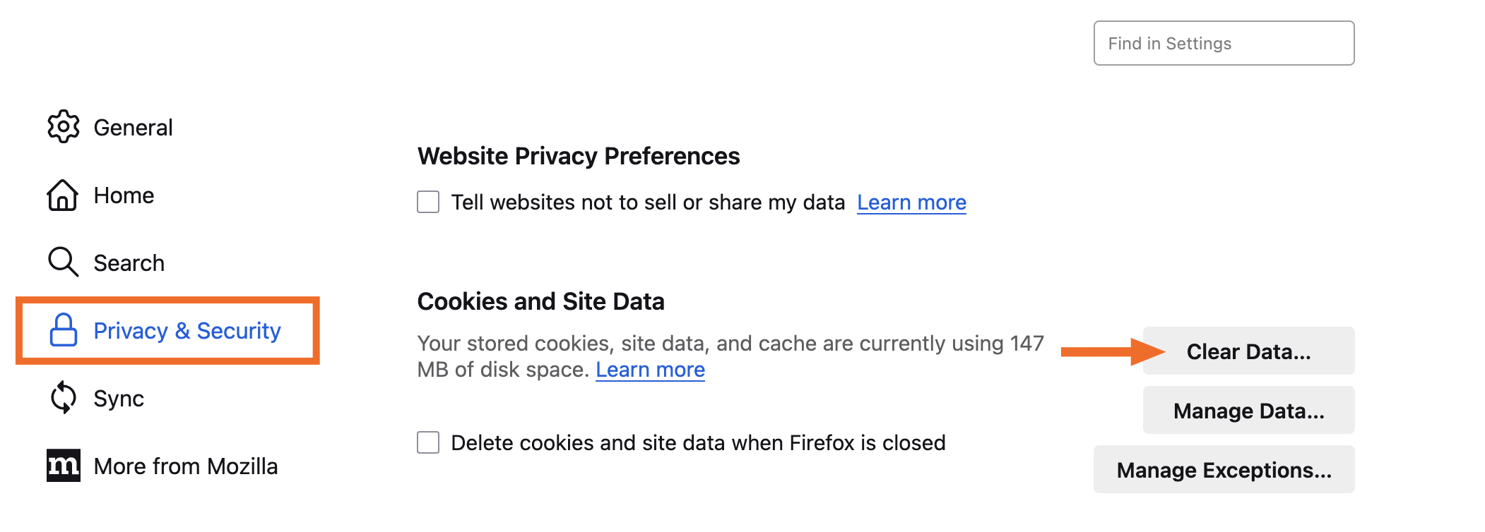Privacy and security settings window of Firefox with the option to clear data highlighted.