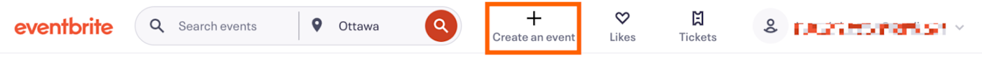 The Create an event button in Eventbrite